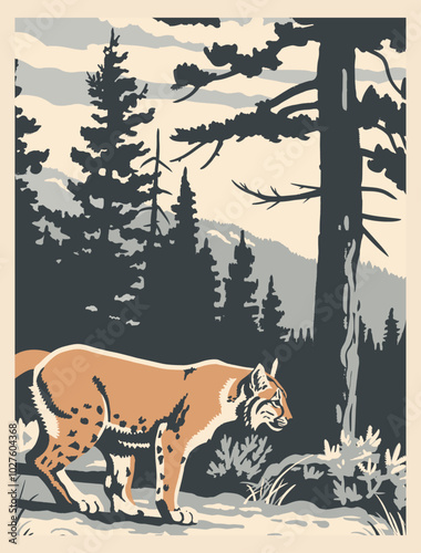vintage flat design poster of a lynx in a mountainous forest with a close-up view and a lake in the background, abstract minimalist silhouette with muted colors, nature travel art, 2D vector landscape