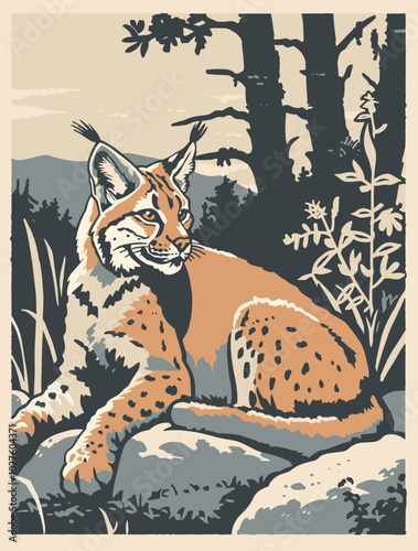 vintage flat design poster of a lynx in a mountainous forest with a close-up view and a lake in the background, abstract minimalist silhouette with muted colors, nature travel art, 2D vector landscape