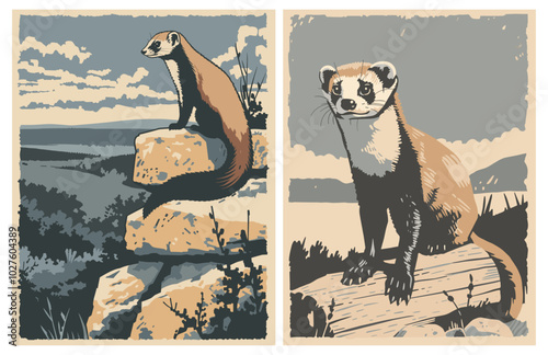 vintage flat design poster of a black-footed ferret in a mountainous forest with a lake in the background, abstract minimalist silhouette with muted colors, nature travel art, 2D vector