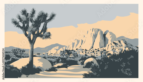 Joshua Tree National Park illustration, vintage flat design poster featuring natural landscapes and regional themes, abstract silhouette style with muted colors, 2D vector travel art photo