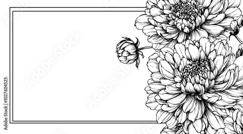 Engagement or condolence card with a delicate organic rectangular Art Nouveau frame featuring chrysanthemums, black and white ink style, with space available for writing