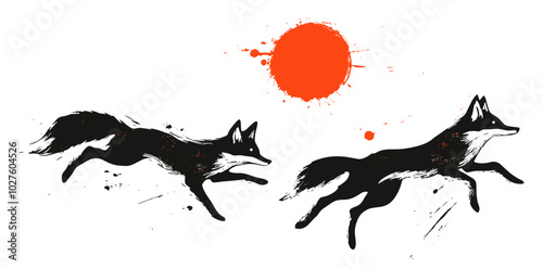 Minimalist logo of two foxes jumping side by side facing an orange sun, elegant and majestic silhouette illustration in black and white, isolated on a white background, PNG vector flat design