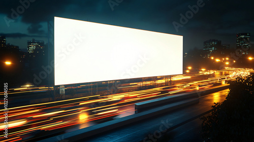 3D Rendering of Freeway with Blank Billboard at Night