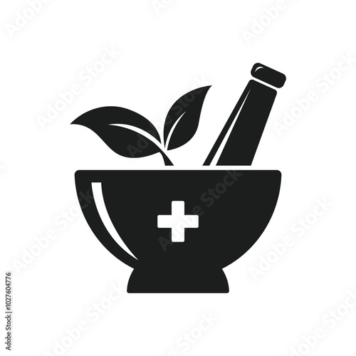 Icon vector of Healing herbs in mortar with pestle. alternative medicine sign.