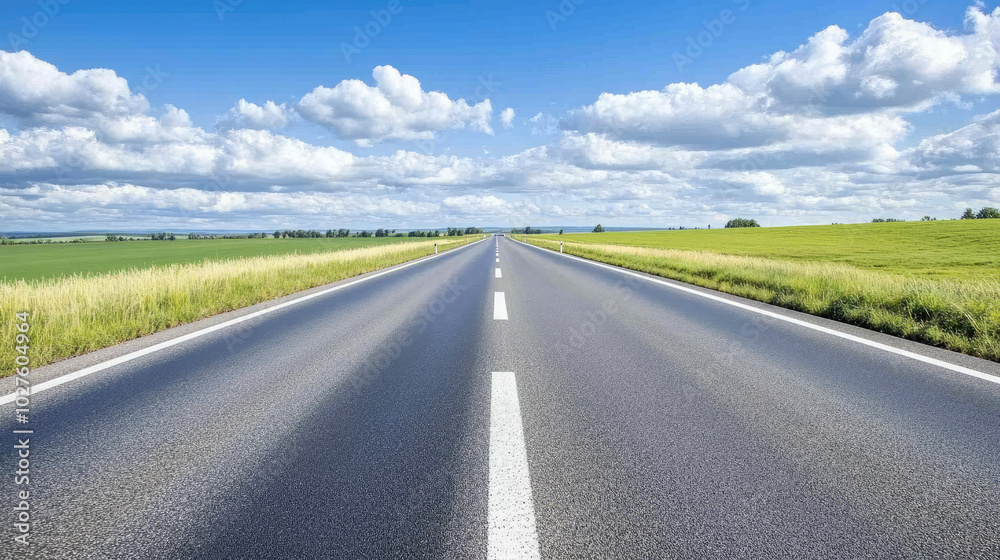 Endless Highway Through Lush Green Fields Under a Blue Sky Endless Highway Through Lush Green Fields Under a Blue Sky