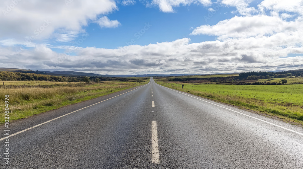 Endless Highway Through Lush Green Fields Under a Blue Sky Endless Highway Through Lush Green Fields Under a Blue Sky