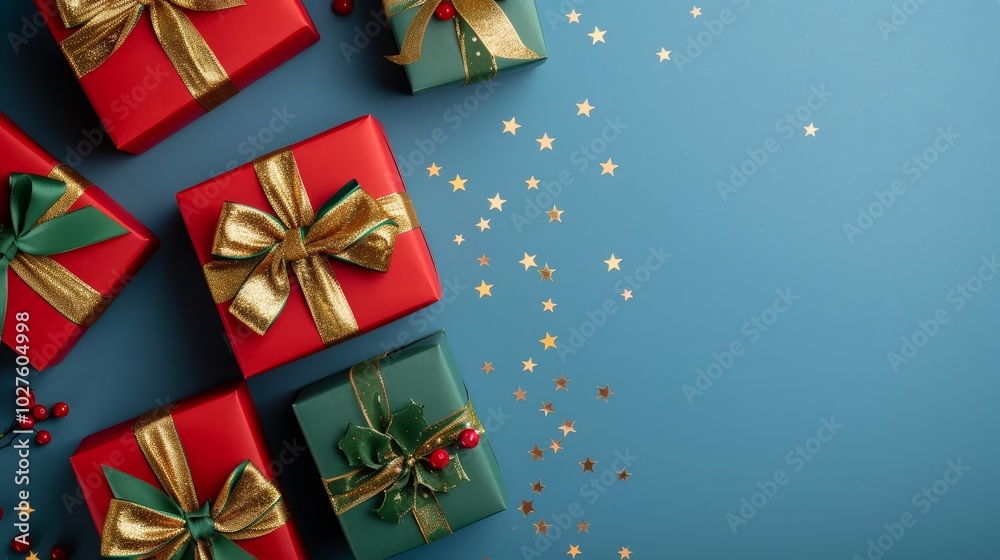 Red and green gift boxes with gold bows and confetti on a blue background. Red and green gift boxes with gold bows and confetti on a blue background.