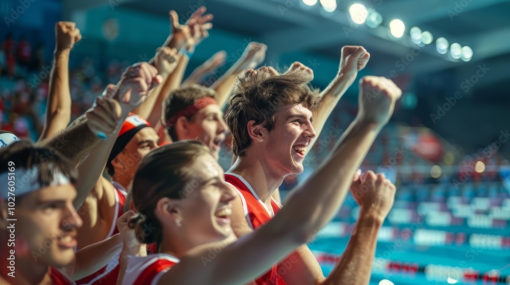 Fototapeta premium Relay team celebrating after a race, concept of teamwork and victory, selective focus, swimming arena, dynamic, Multilayer, cheering crowd backdrop