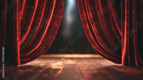 Red velvet curtains parted to reveal a spotlight on a wooden stage. photo