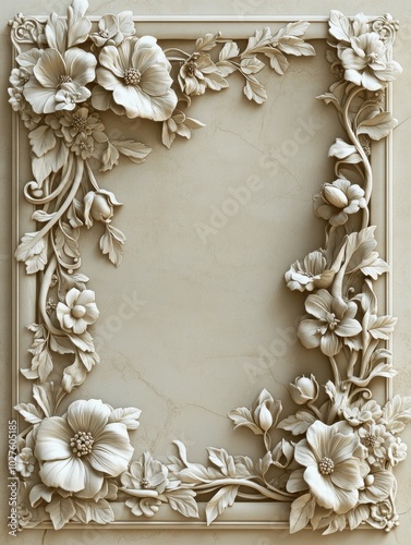 A western floral engraved 3D border in a minimalist style, framing a blank space in the center, with subtle shading and a neutral background that enhances the vintage design