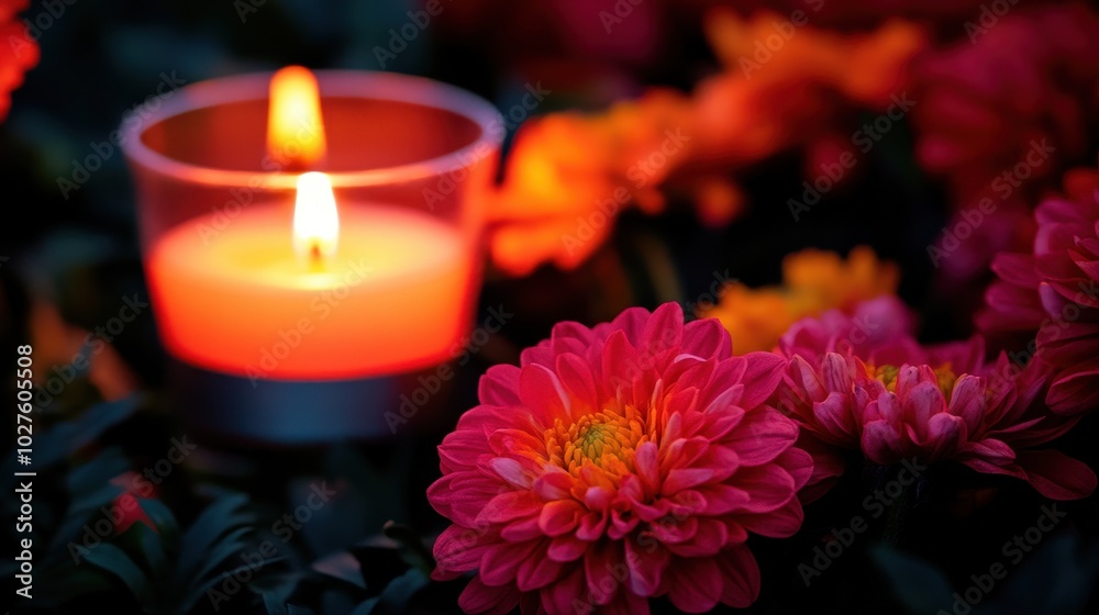 A serene composition of vibrant pink and orange chrysanthemums blooms in a lush garden. A glowing red candle enhances the tranquil ambiance, evoking peace and warmth, ideal for special occasions. A serene composition of vibrant pink and orange chrysanthemums blooms in a lush garden. A glowing red candle enhances the tranquil ambiance, evoking peace and warmth, ideal for special occasions.