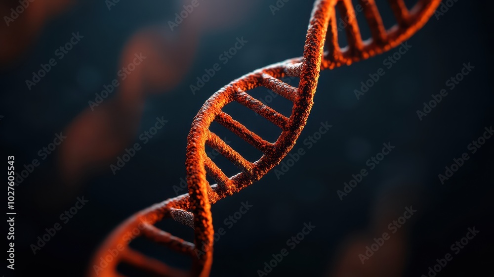 A striking close-up of a double helix DNA structure in vibrant orange against a blurred dark background, showcasing its intricate details. Ideal for biotechnology and genetics themes. A striking close-up of a double helix DNA structure in vibrant orange against a blurred dark background, showcasing its intricate details. Ideal for biotechnology and genetics themes.