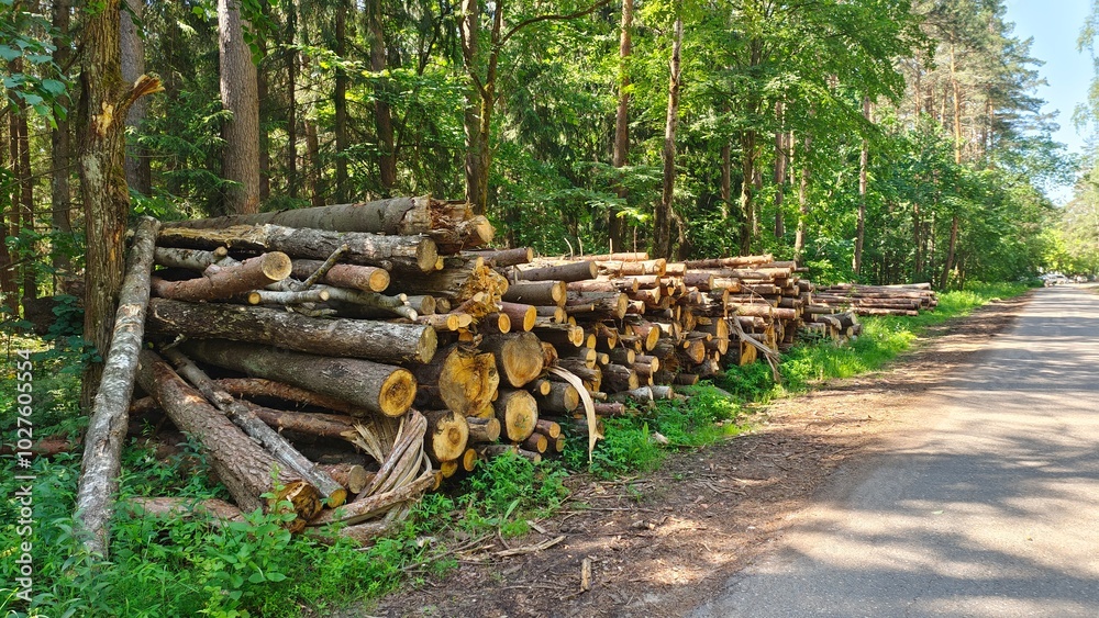 A pile of pine, spruce and birch logs intended for industrial processing was formed on a grassy forest edge by the side of an asphalt road after sanitary logging. Sunny summer weather A pile of pine, spruce and birch logs intended for industrial processing was formed on a grassy forest edge by the side of an asphalt road after sanitary logging. Sunny summer weather
