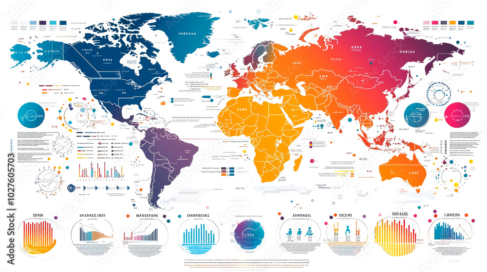 Naklejka premium World map with data visualizations showing different regions and their characteristics.