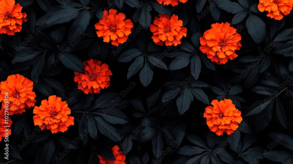 A vibrant top-down view of orange marigold flowers against deep green leaves creates a striking visual. image embodies natural beauty and tranquility, perfect for gardening or floral themes.