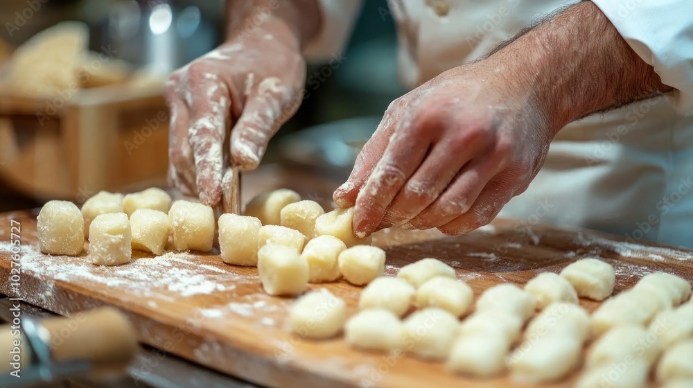 Chef rolling gnocchi dough and cutting it into bite-sized pieces. Chef rolling gnocchi dough and cutting it into bite-sized pieces.