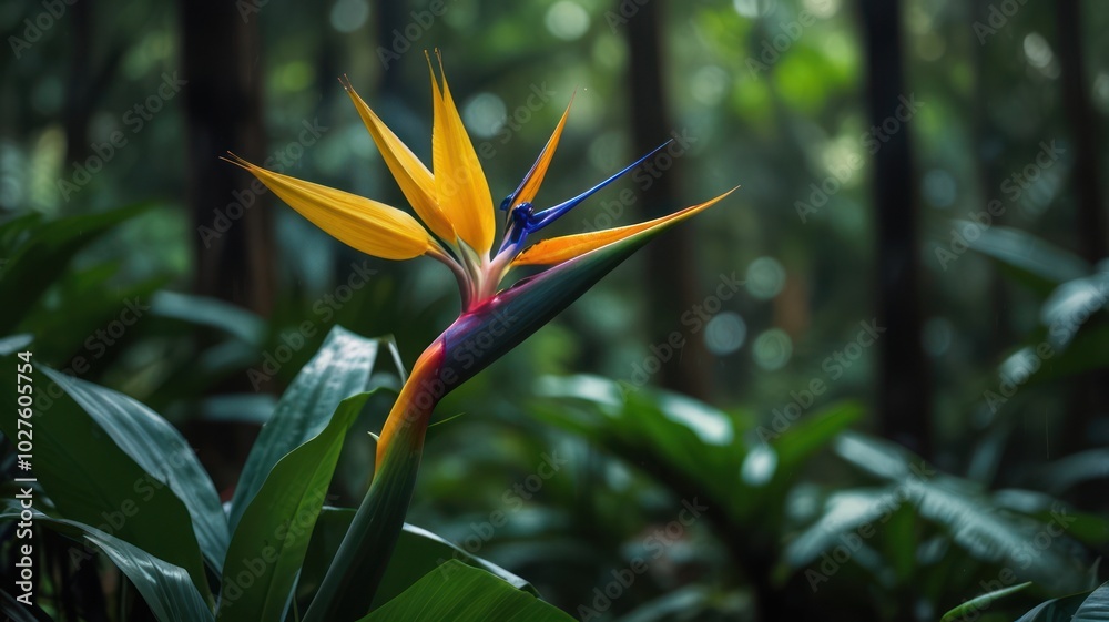 A vibrant Bird of Paradise flower blooms in a lush tropical rainforest. A vibrant Bird of Paradise flower blooms in a lush tropical rainforest.