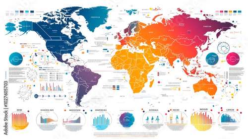 World map with data visualizations showing different regions and their characteristics. photo