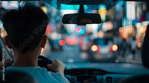 Rear view of a man driving a car in the city at night.