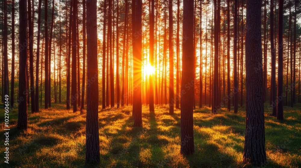 Fototapeta premium Bright morning light streaming through a forest, symbolizing the promise of a new day