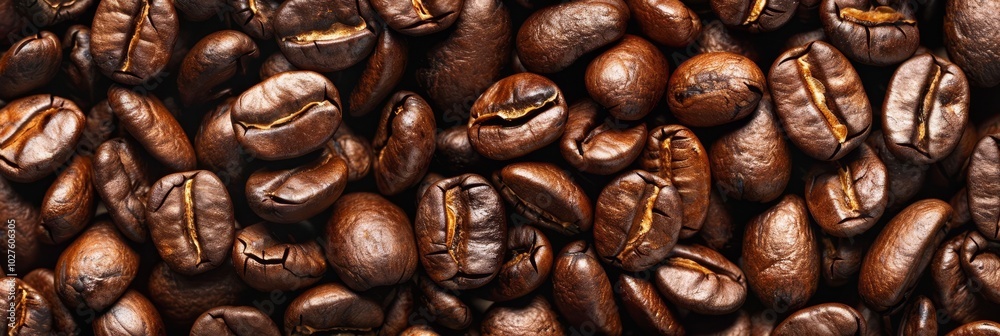 Fototapeta premium Close-up of roasted coffee beans, rich brown color.