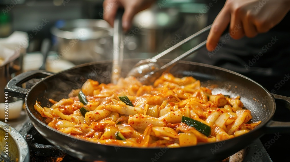 Chef stir-frying tteokbokki with vegetables and spicy sauce. Chef stir-frying tteokbokki with vegetables and spicy sauce.