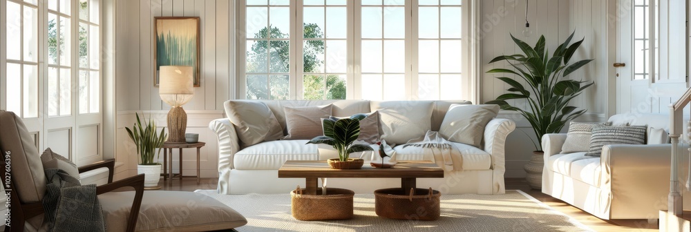 Fototapeta premium Bright living room with white couch, coffee table, and houseplant.
