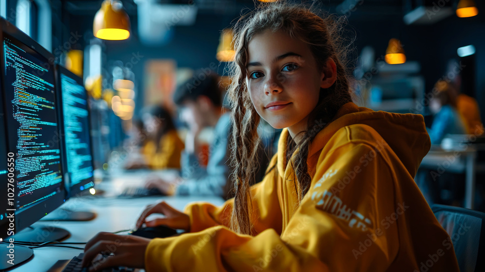 Fototapeta premium Young programmer coding in a modern workspace.