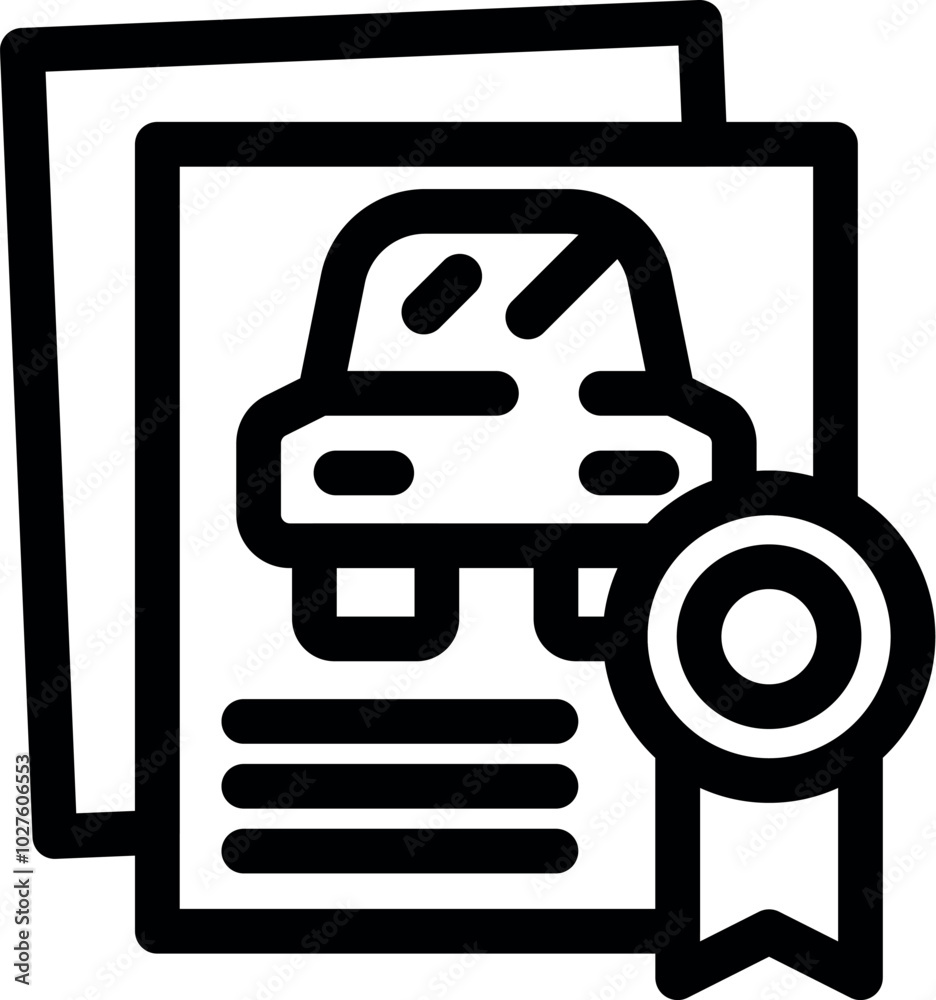 Line art icon of car ownership certificate with approved badge, representing successful vehicle registration and legal documentation Line art icon of car ownership certificate with approved badge, representing successful vehicle registration and legal documentation