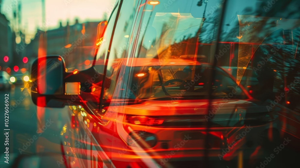 Fototapeta premium Closeup of a red car driving through a city at sunset.