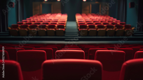 Empty movie theater with red seats and a large screen.  The stage is lit up. photo