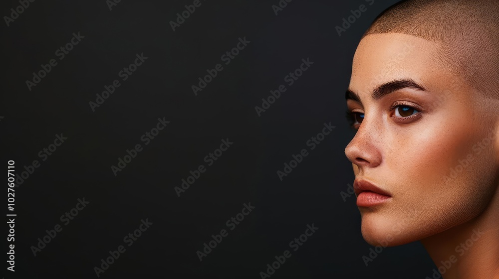 Closeup portrait of a woman with a shaved head, looking to the side against a dark background.