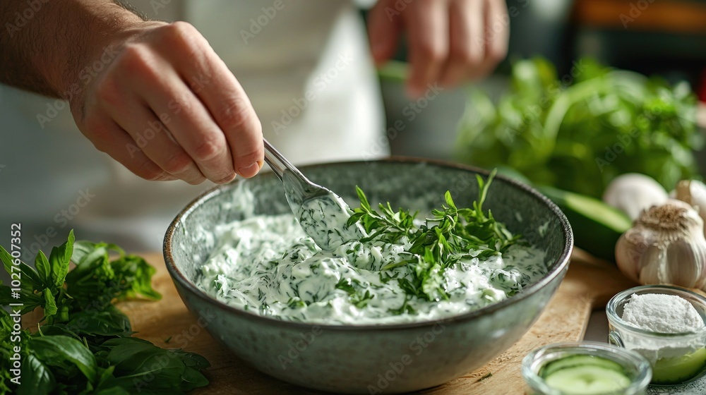 Chef mixing yogurt, cucumber, and herbs to make tzatziki.