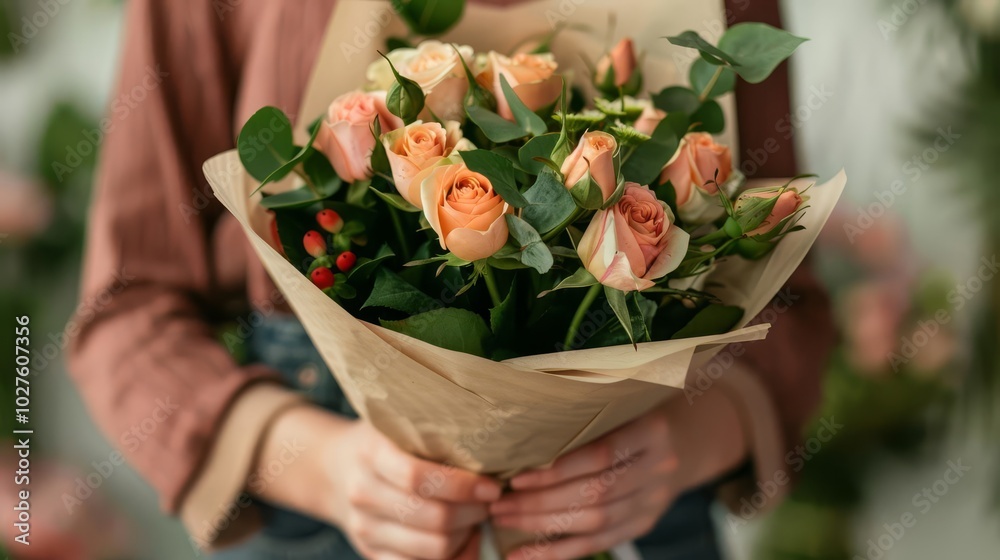 Closeup of a woman holding a bouquet of peach roses wrapped in brown paper. Closeup of a woman holding a bouquet of peach roses wrapped in brown paper.