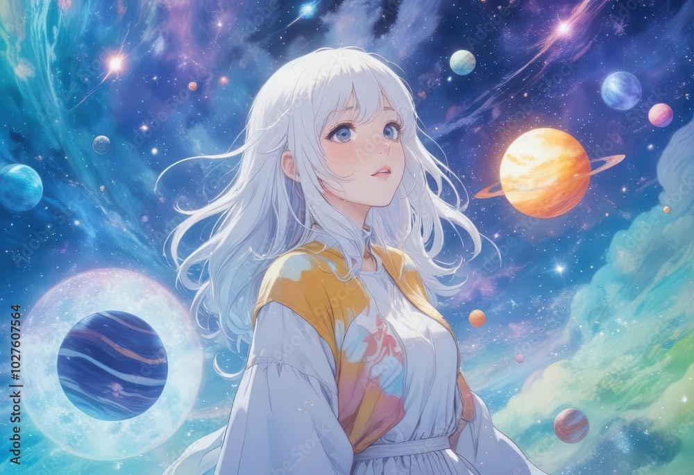 Young Girl in Cosmic Space with Creative Style Young Girl in Cosmic Space with Creative Style