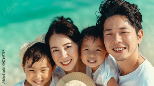 Happy Asian family of four smiling on the beach.