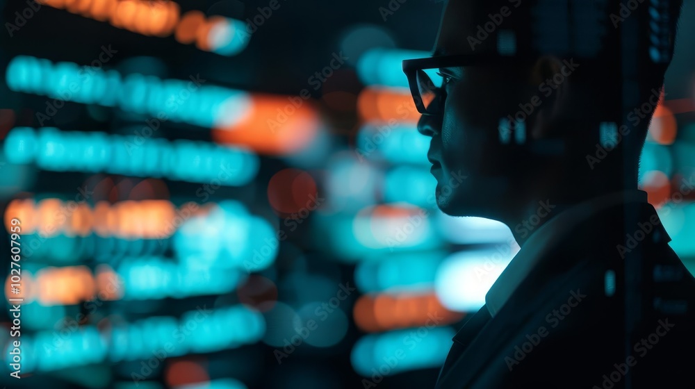 Silhouette of a man in glasses looking at code on a screen. Silhouette of a man in glasses looking at code on a screen.