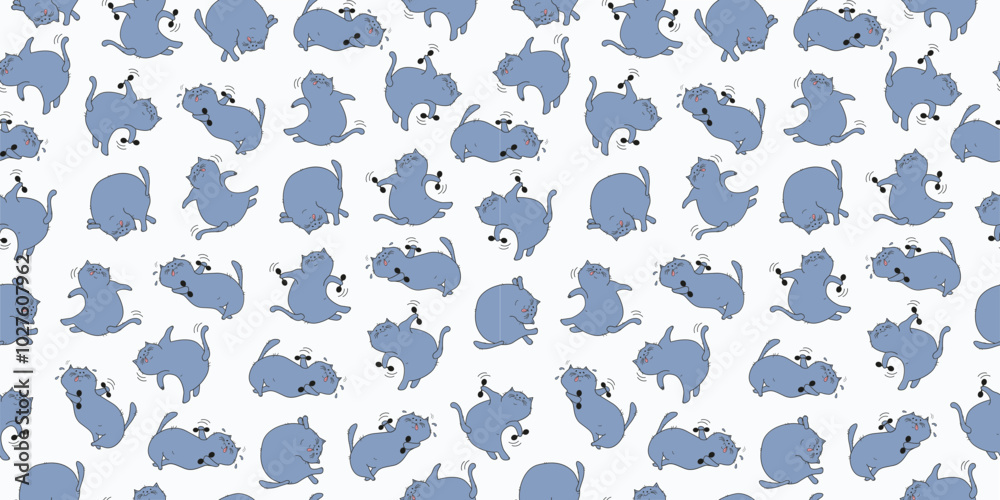 Fototapeta premium Seamless pattern, set of cartoon cats athletes. Fat happy cats doing gymnastics. Cat with dumbbells, in yoga pose. Doodle. Vector background.