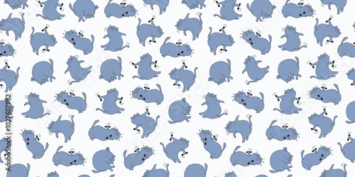 Seamless pattern, set of cartoon cats athletes. Fat happy cats doing gymnastics. Cat with dumbbells, in yoga pose. Doodle. Vector background.