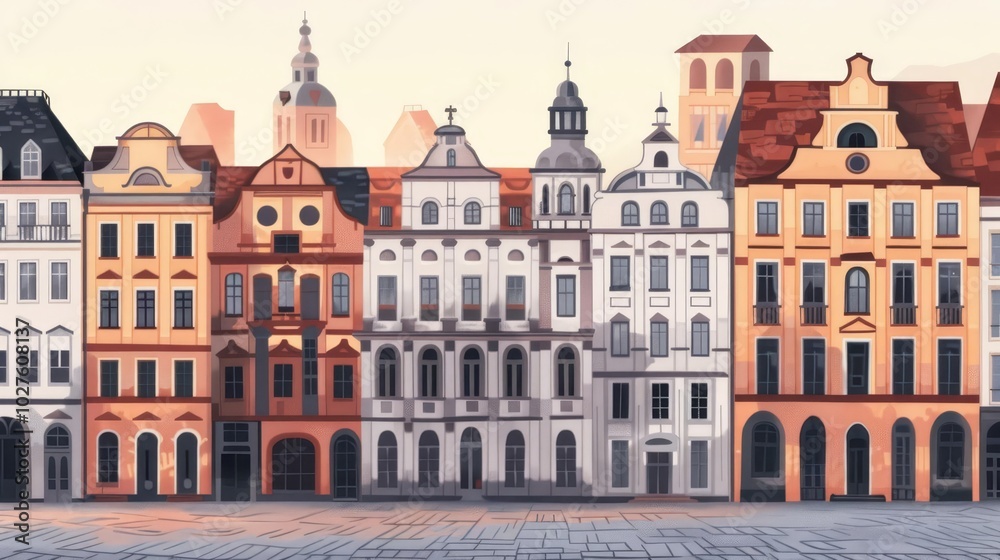 Fototapeta premium Row of colorful historic buildings in a European city square.