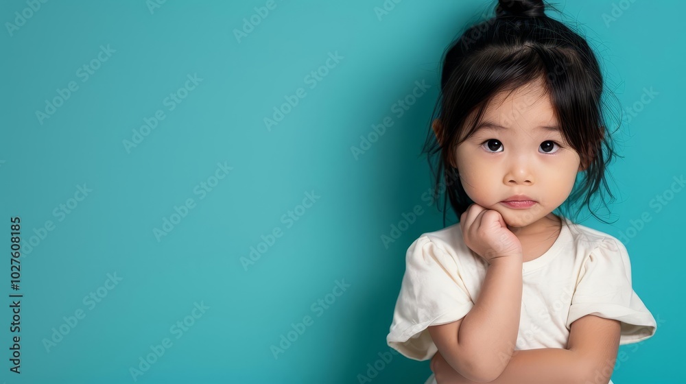 A young girl with dark hair and brown eyes looks thoughtfully at the camera, against a blue background. A young girl with dark hair and brown eyes looks thoughtfully at the camera, against a blue background.
