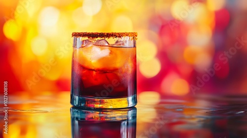 A bold Sangrita cocktail in a clear glass with a spicy rim, placed on a glass surface with a reflective abstract background of vibrant reds and yellows