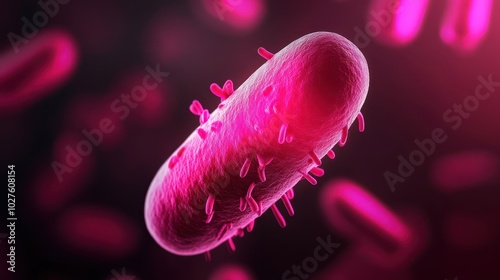 Illustration of a bacterial cell with visible flagella and pili structures with copy space photo