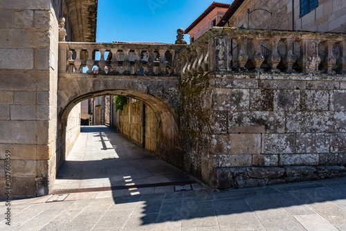 Historic center of Pontevedra with streets with tunnels and stone arches, Galicia, Spain