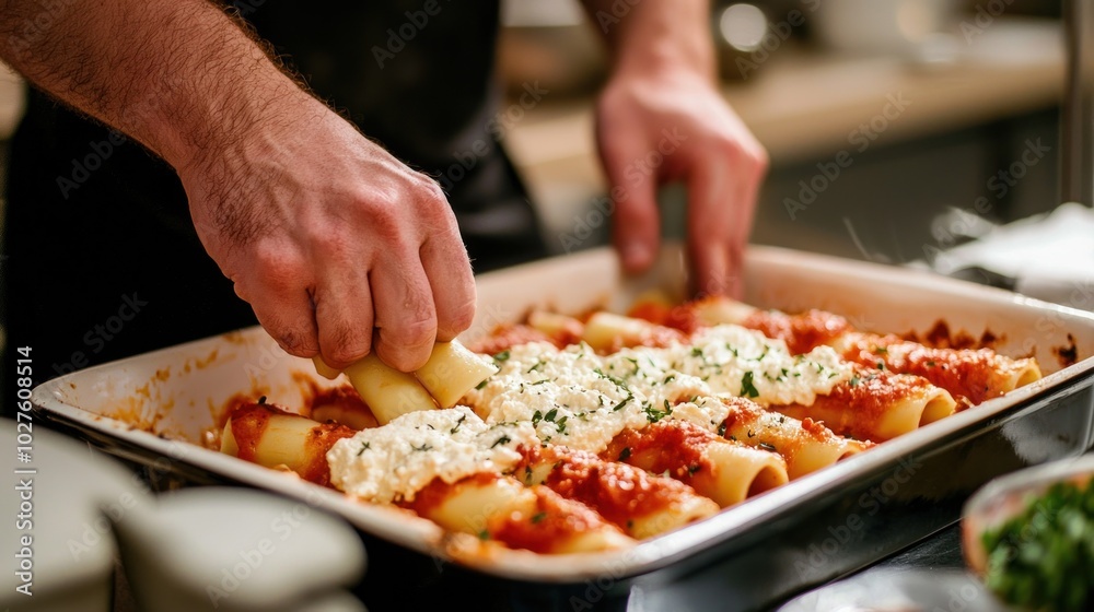 Chef filling cannelloni pasta tubes with ricotta cheese and placing them in a baking dish. Chef filling cannelloni pasta tubes with ricotta cheese and placing them in a baking dish.
