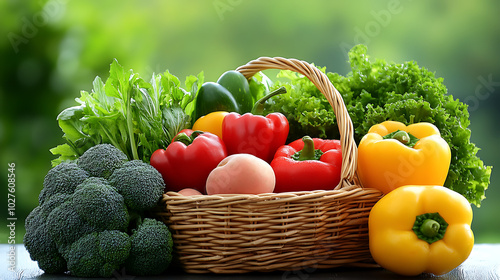 Assortment of fresh fruits and vegetables on natural background