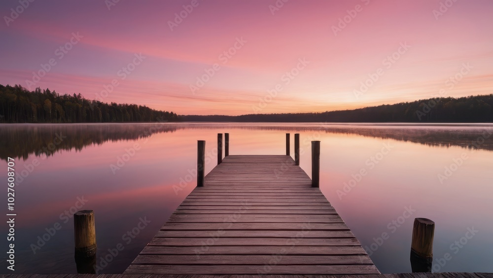 A wooden dock extending into a calm lake during sunrise, with beautiful pink and orange hues reflecting off the water. The peaceful morning atmosphere is perfect for a serene start to the day. A wooden dock extending into a calm lake during sunrise, with beautiful pink and orange hues reflecting off the water. The peaceful morning atmosphere is perfect for a serene start to the day.