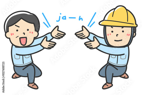 片膝をついて発表する作業員イラスト
