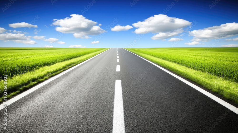 Naklejka premium Endless Highway Through Lush Green Fields Under a Blue Sky