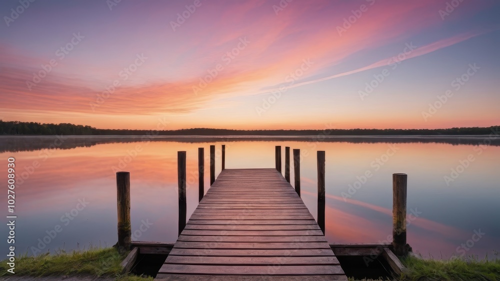 A wooden dock extending into a calm lake during sunrise, with beautiful pink and orange hues reflecting off the water. The peaceful morning atmosphere is perfect for a serene start to the day. A wooden dock extending into a calm lake during sunrise, with beautiful pink and orange hues reflecting off the water. The peaceful morning atmosphere is perfect for a serene start to the day.